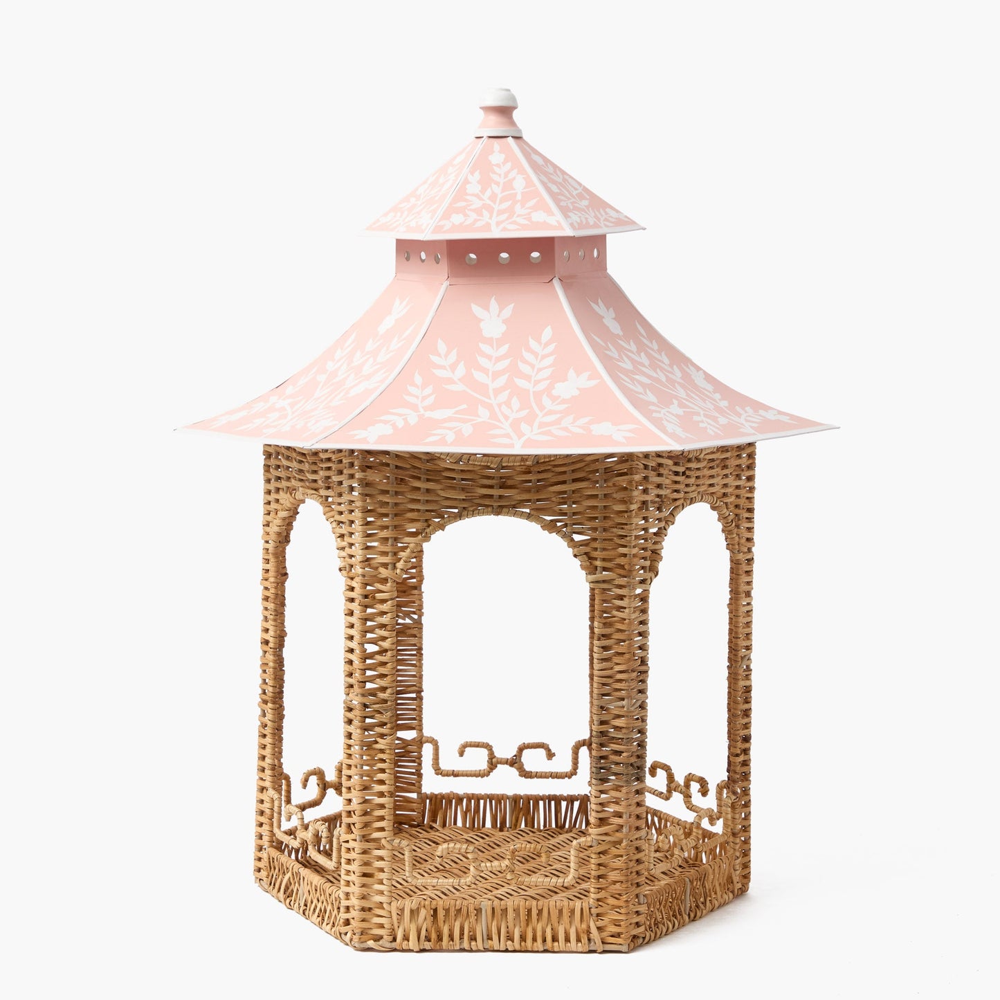 Grande lanterna pagoda in rattan naturale e chinoiserie rosa