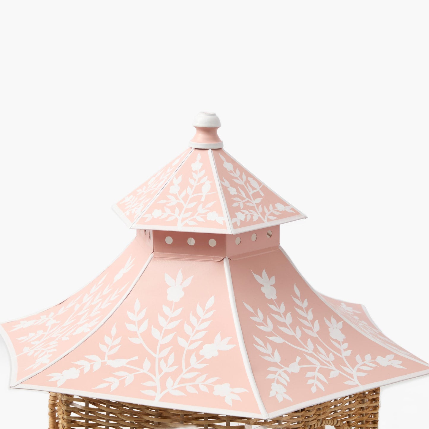 Grande lanterna pagoda in rattan naturale e chinoiserie rosa