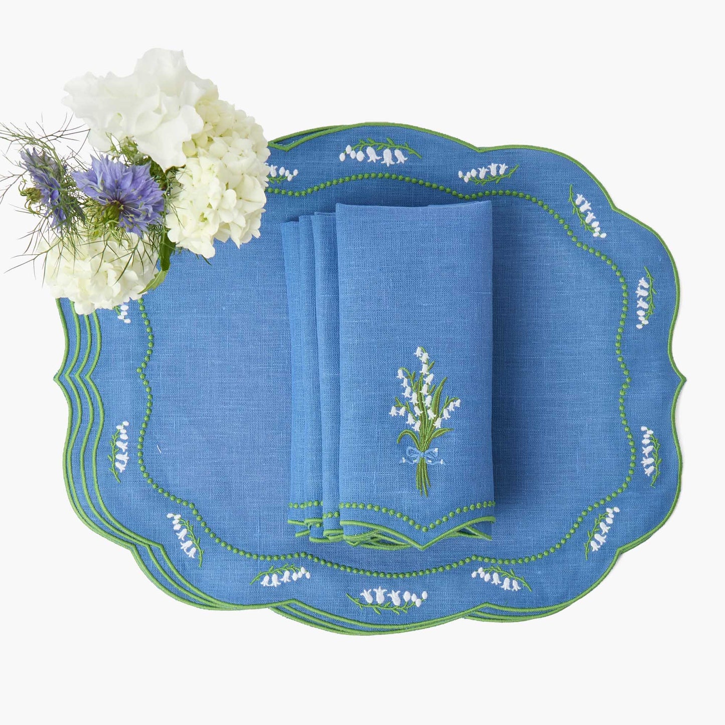 Tovagliette e tovaglioli in lino blu Lily of the Valley (set da 4)