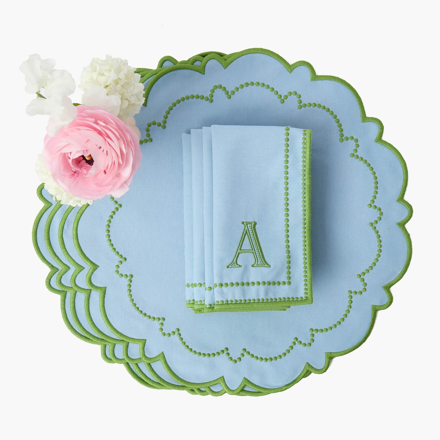 Tovagliette e tovaglioli Mariana blu e verde (set da 4)
