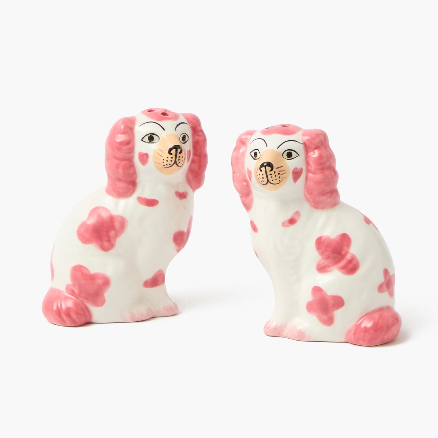 Saliera e pepiera rosa a forma di cane Staffordshire