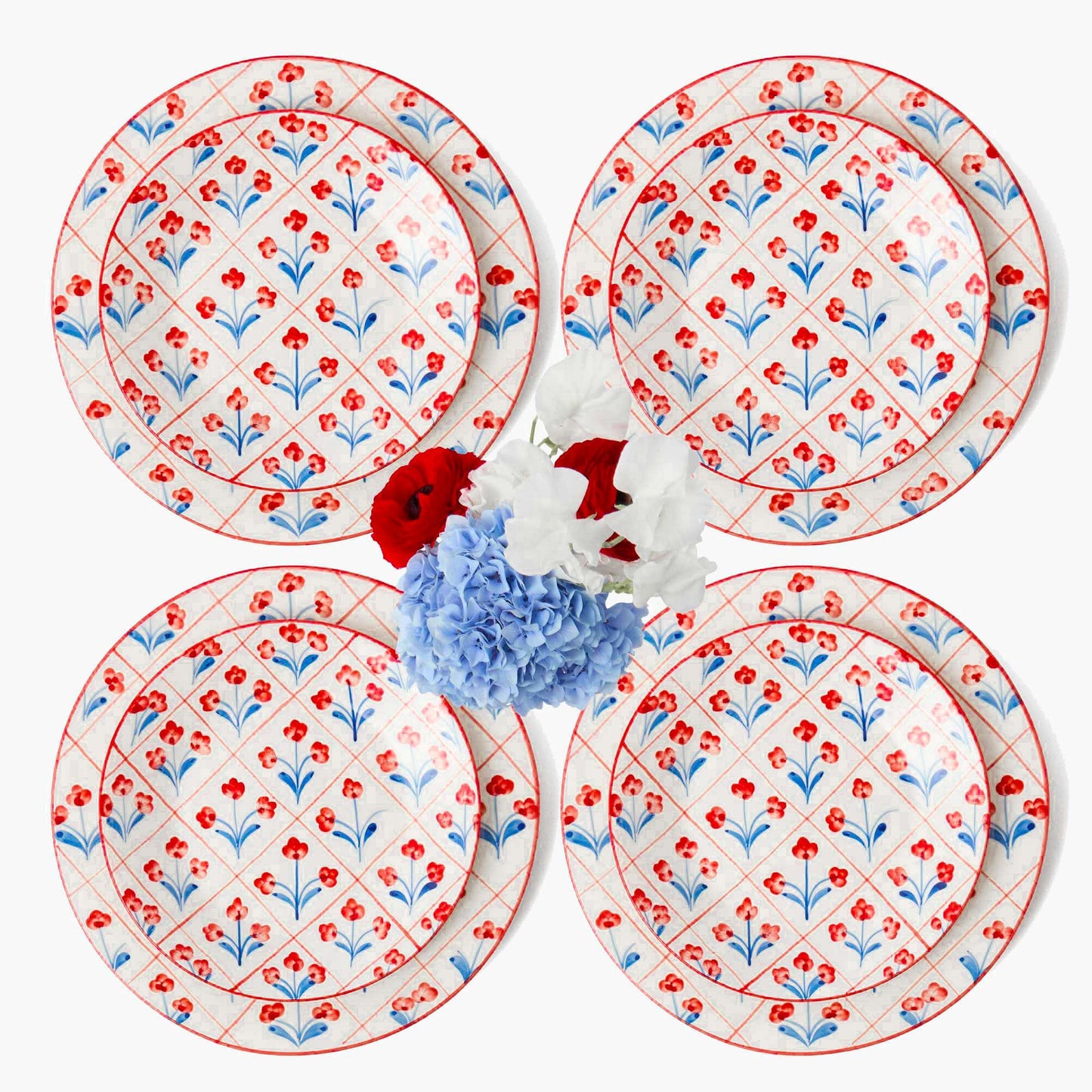 Piatti da portata e da antipasto con motivo floreale blu e rosso (set da 8)