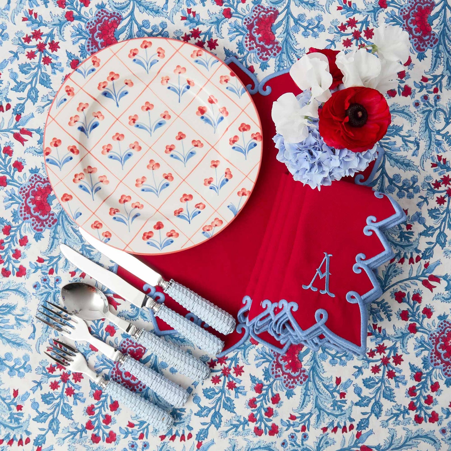 Piatti da portata con motivo floreale blu e rosso (set da 4)
