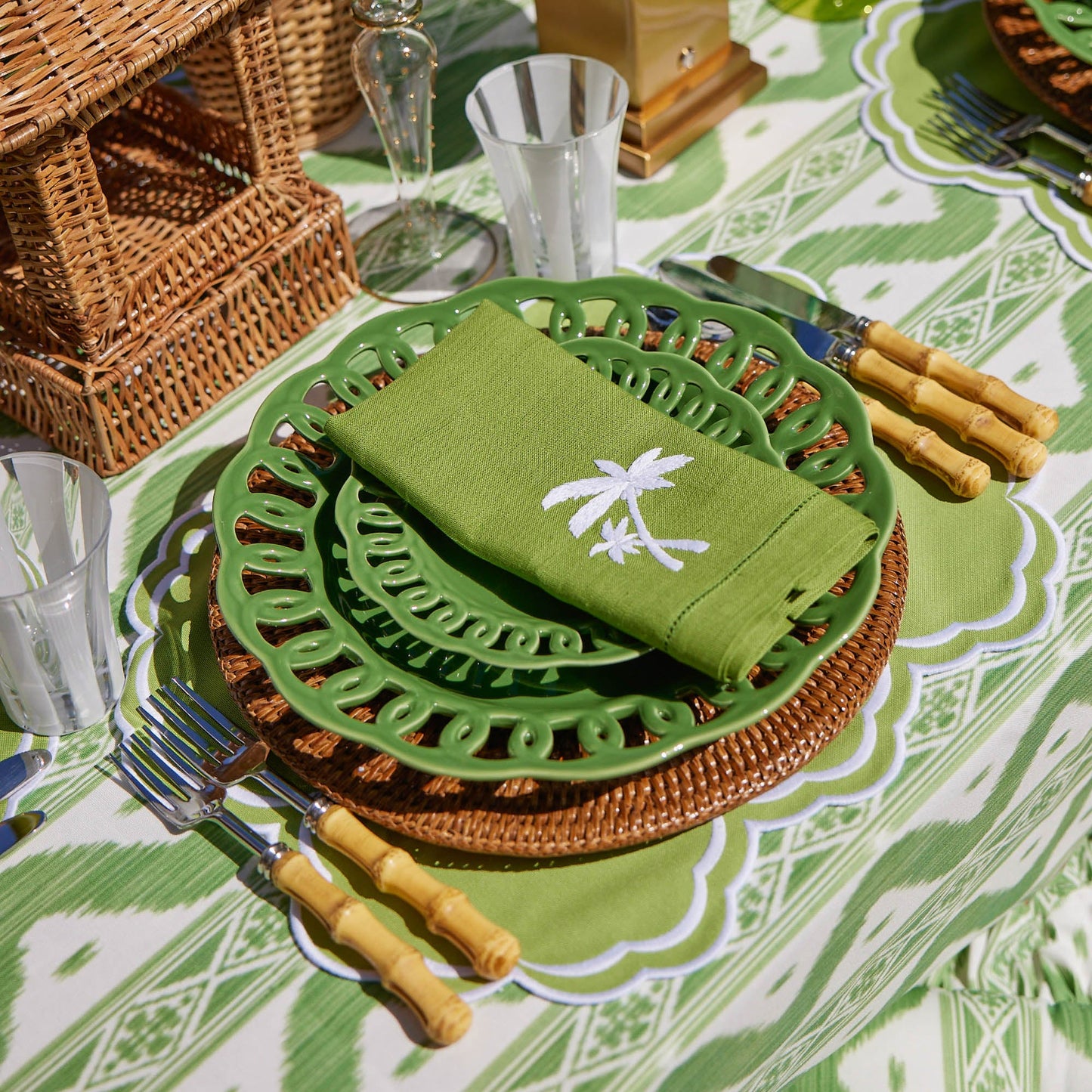 Tovaglioli di lino verde con motivo a palma (set da 4)