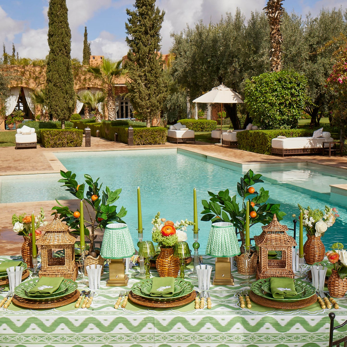 Tovaglioli di lino verde con motivo a palma (set da 4)