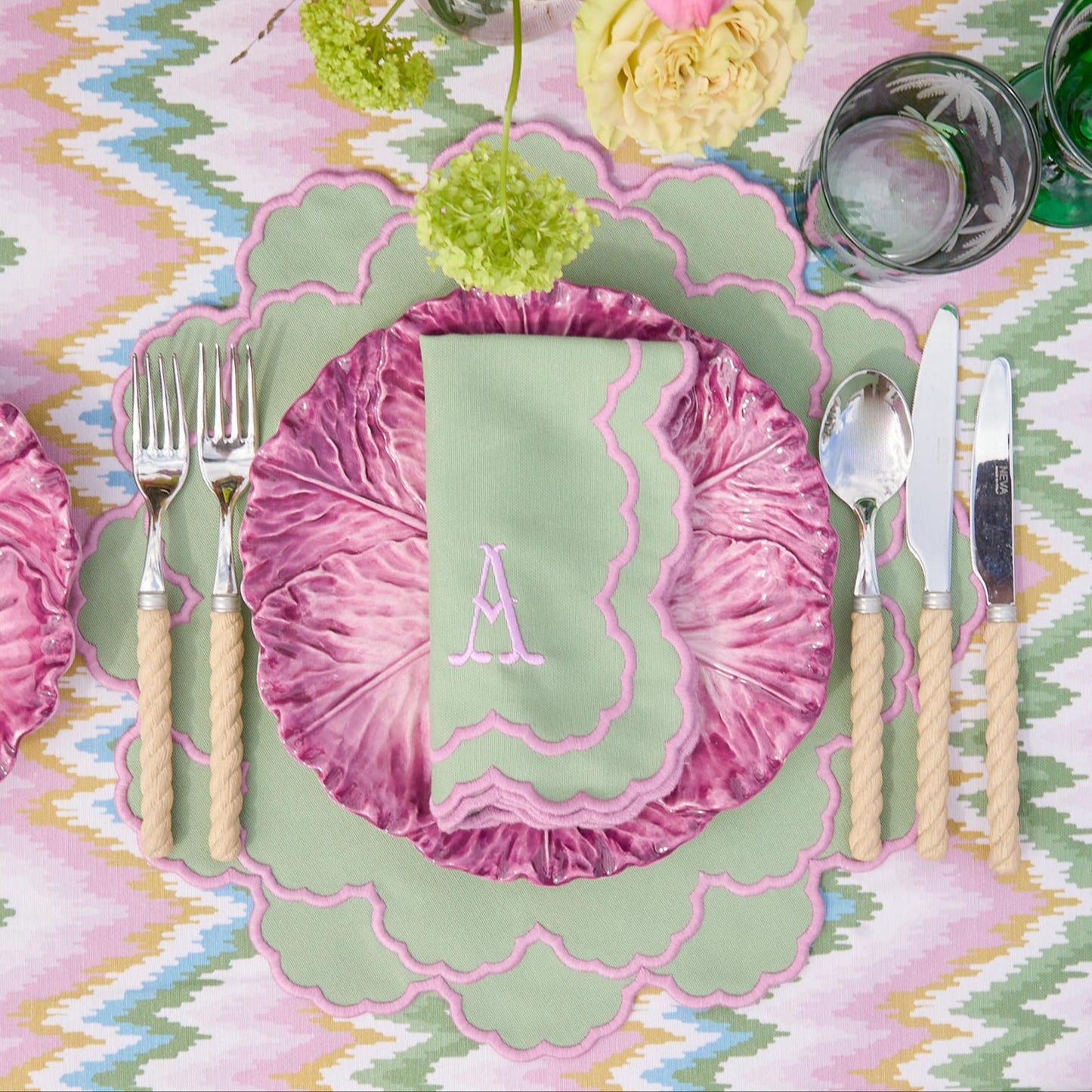 Tovagliette e tovaglioli Lily Soft verdi e rosa (set da 4)