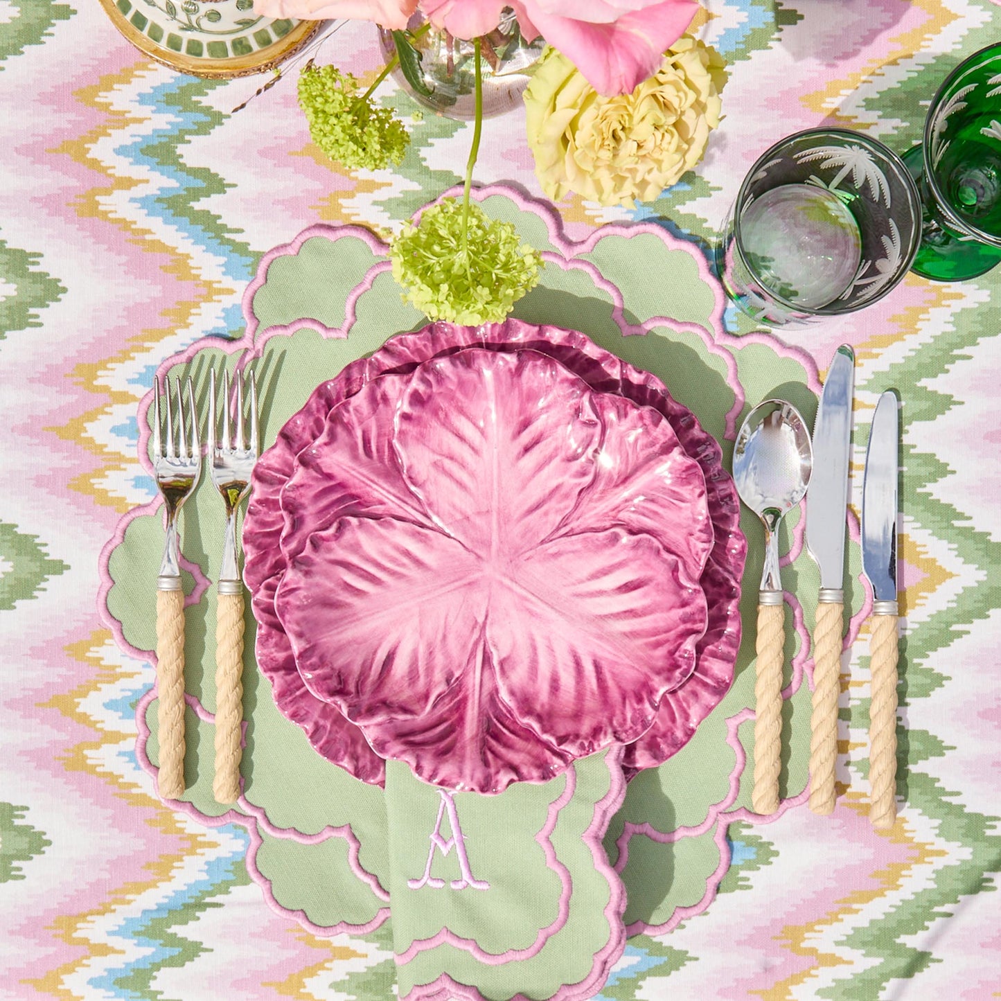 Tovagliette e tovaglioli Lily Soft verdi e rosa (set da 4)