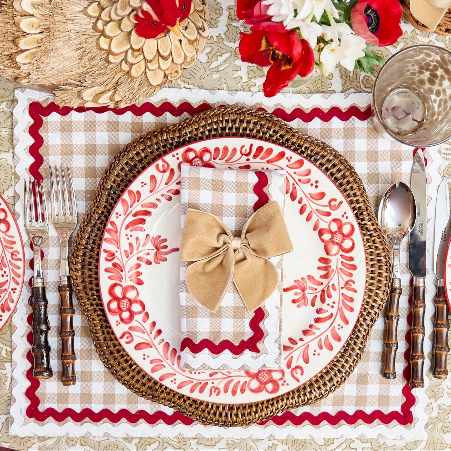 Tovagliette e tovaglioli Rossina Putty Gingham e rossi (set da 4)
