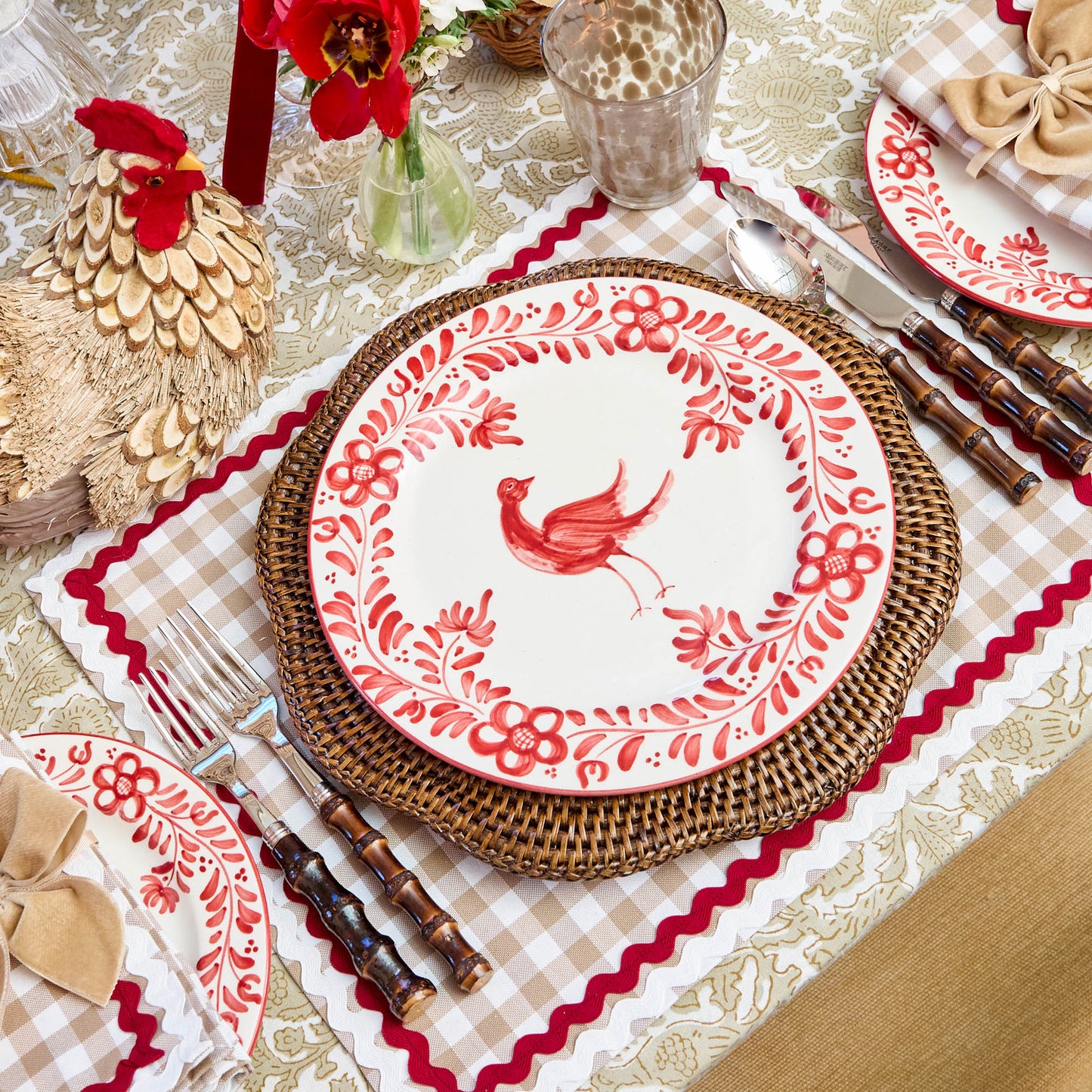 Tovagliette e tovaglioli Rossina Putty Gingham e rossi (set da 4)