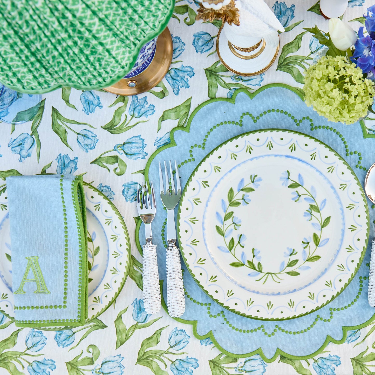 Tovagliette e tovaglioli Mariana blu e verde (set da 4)