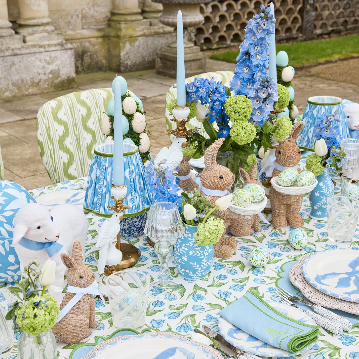 Lampada ricaricabile corta con paralume Ikat blu e verde (18 cm)
