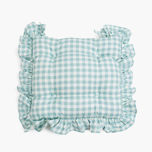 Cuscino per sedile con balze a quadretti blu uovo d'anatra
