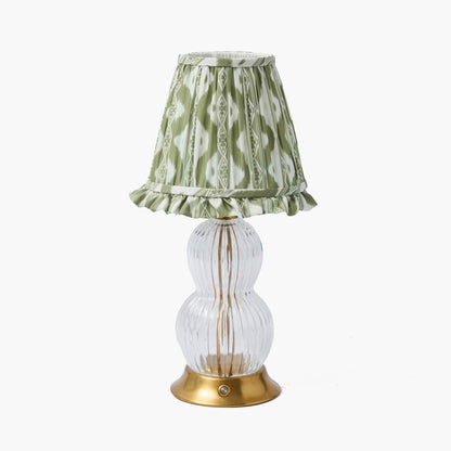 Lampada ricaricabile Bardot in vetro con paralume in volant color oliva Ikat (18 cm)