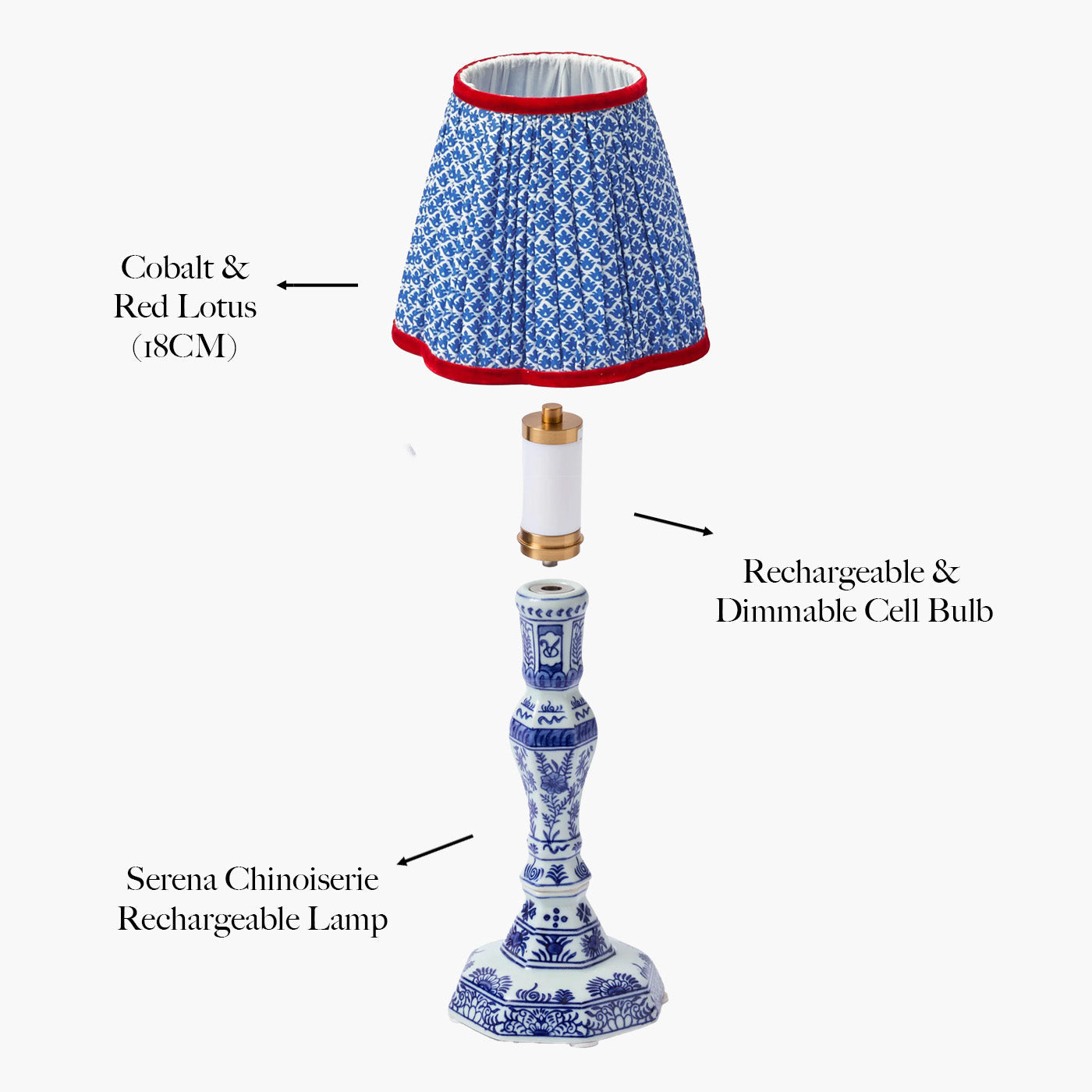 Lampada ricaricabile Serena Chinoiserie con paralume in loto cobalto e rosso (18 cm)