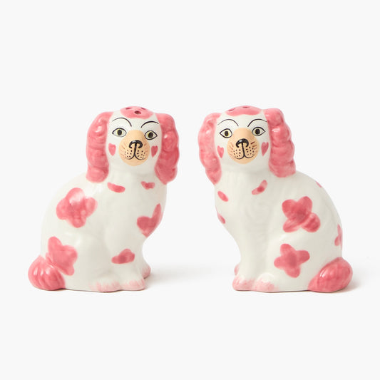 Saliera e pepiera rosa a forma di cane Staffordshire