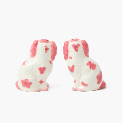 Saliera e pepiera rosa a forma di cane Staffordshire