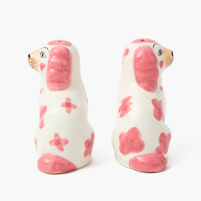 Saliera e pepiera rosa a forma di cane Staffordshire