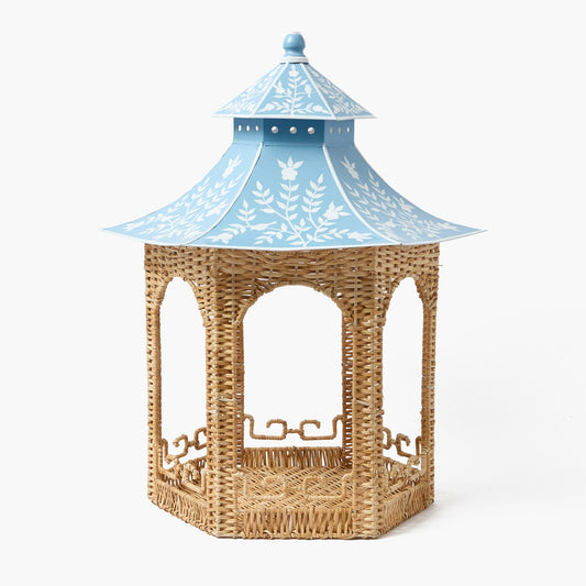 Grande lanterna pagoda in rattan naturale e chinoiserie blu