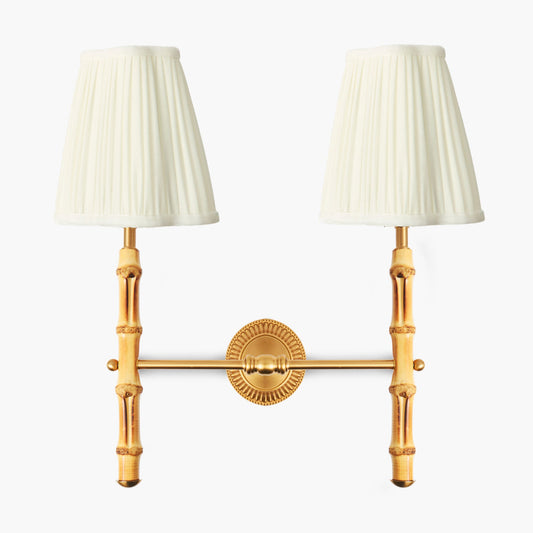 Lampada da parete doppia ricaricabile in bambù con paralumi color crema (14 cm)