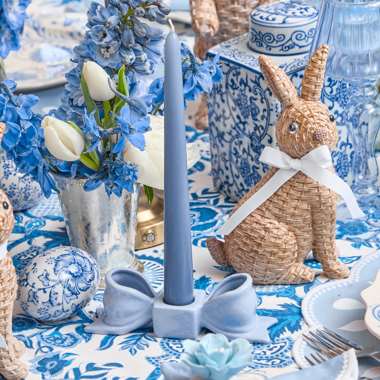 Portacandele a fiocco in ceramica blu (coppia)