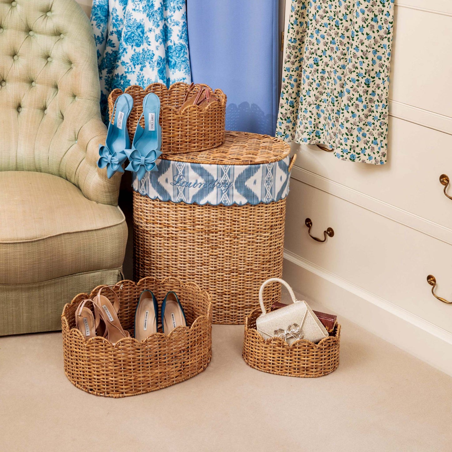 Cesto portabiancheria in rattan Isabella con fodera in ikat