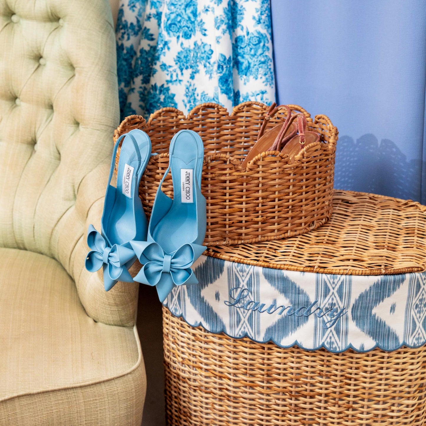 Cesto portabiancheria in rattan Isabella con fodera in ikat