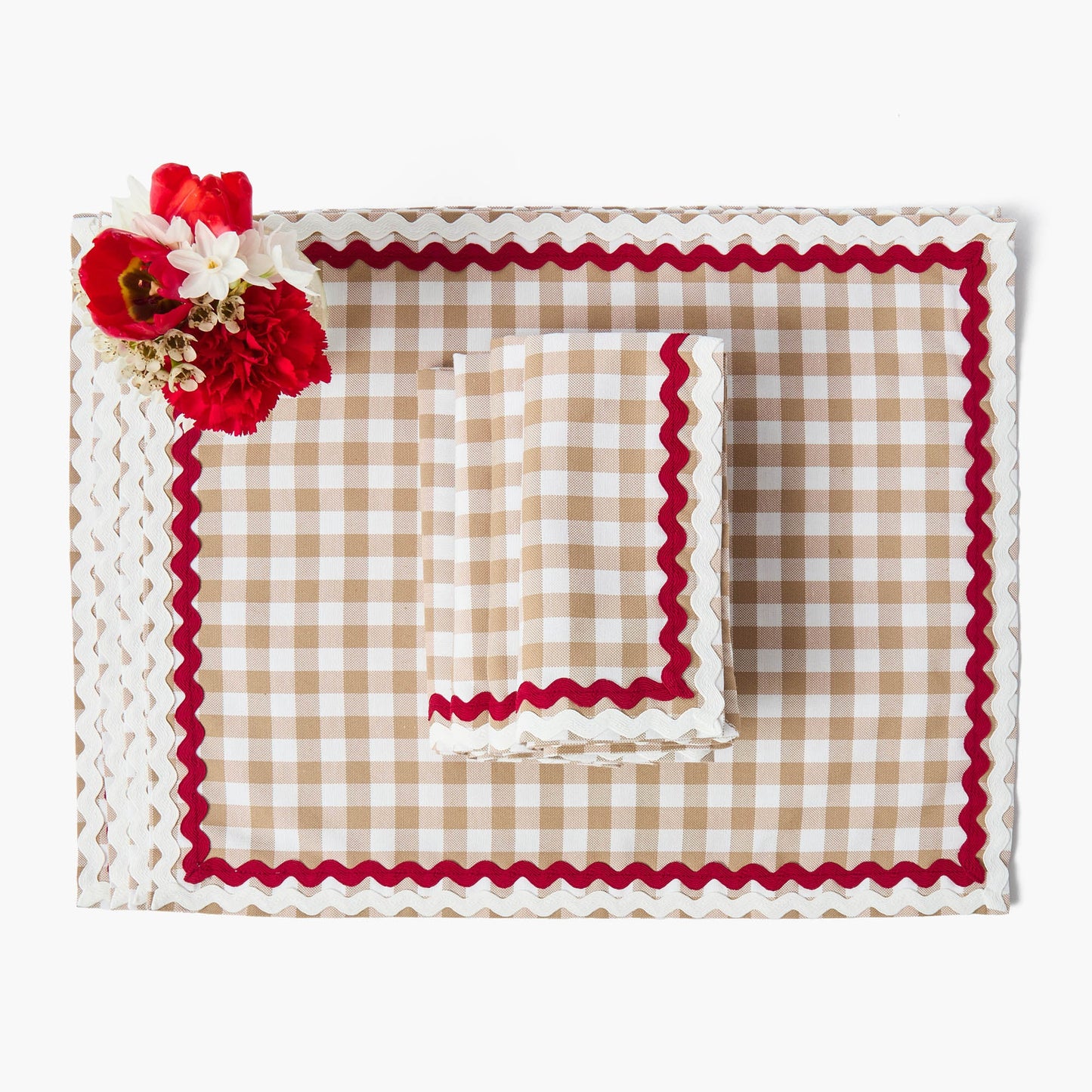 Tovagliette e tovaglioli Rossina Putty Gingham e rossi (set da 4)