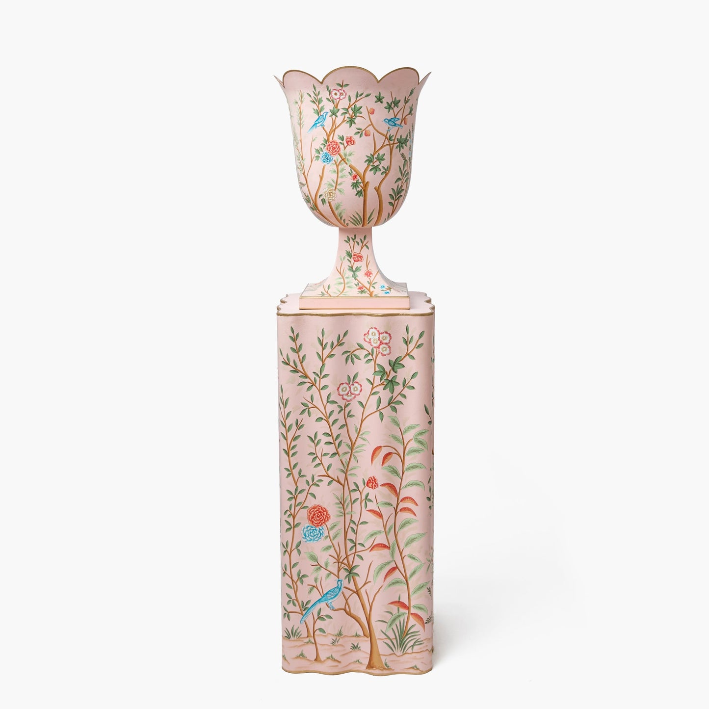 Urna e piedistallo in stile Chinoiserie rosa
