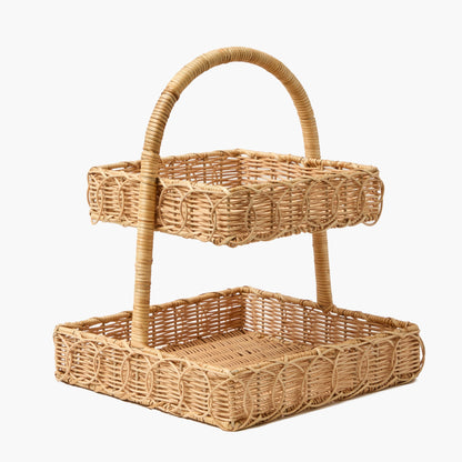 Supporto quadrato a due livelli in rattan