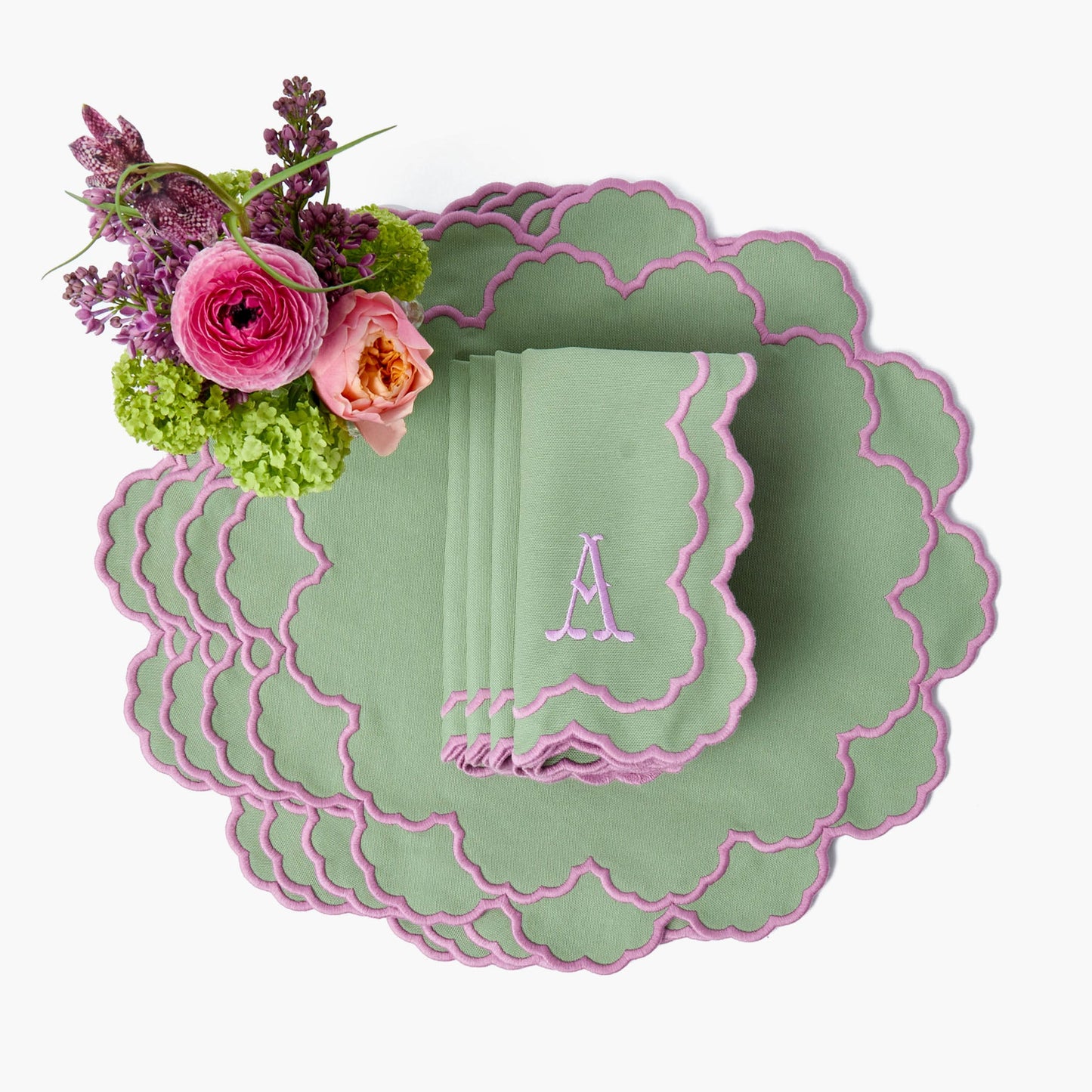 Tovagliette e tovaglioli Lily Soft verdi e rosa (set da 4)