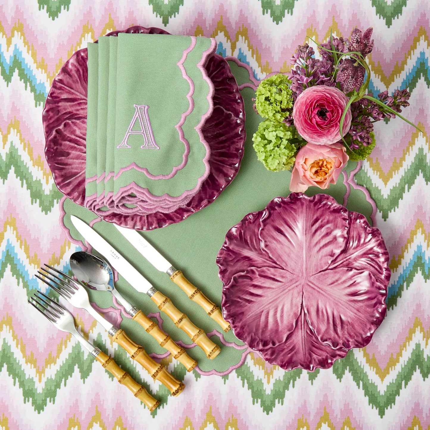 Tovagliette e tovaglioli Lily Soft verdi e rosa (set da 4)
